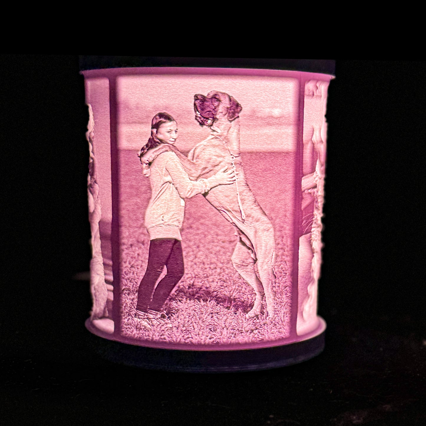 Lit pet memorial photo lamp showing a girl standing with a large dog (maybe a Great Dane) outdoors, with the image glowing through the curved shade.