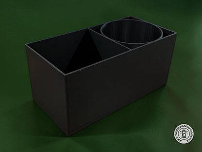 An empty fork truck caddy showing a shaker bottle insert on a green background.