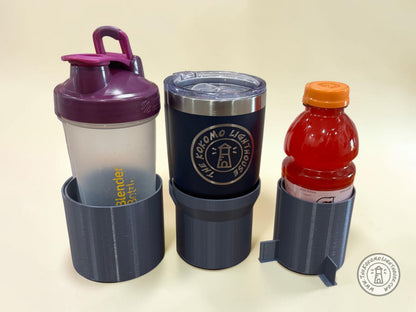 Three cup inserts showing how they fit a shaker bottle, a tumbler, and a bottled drink.