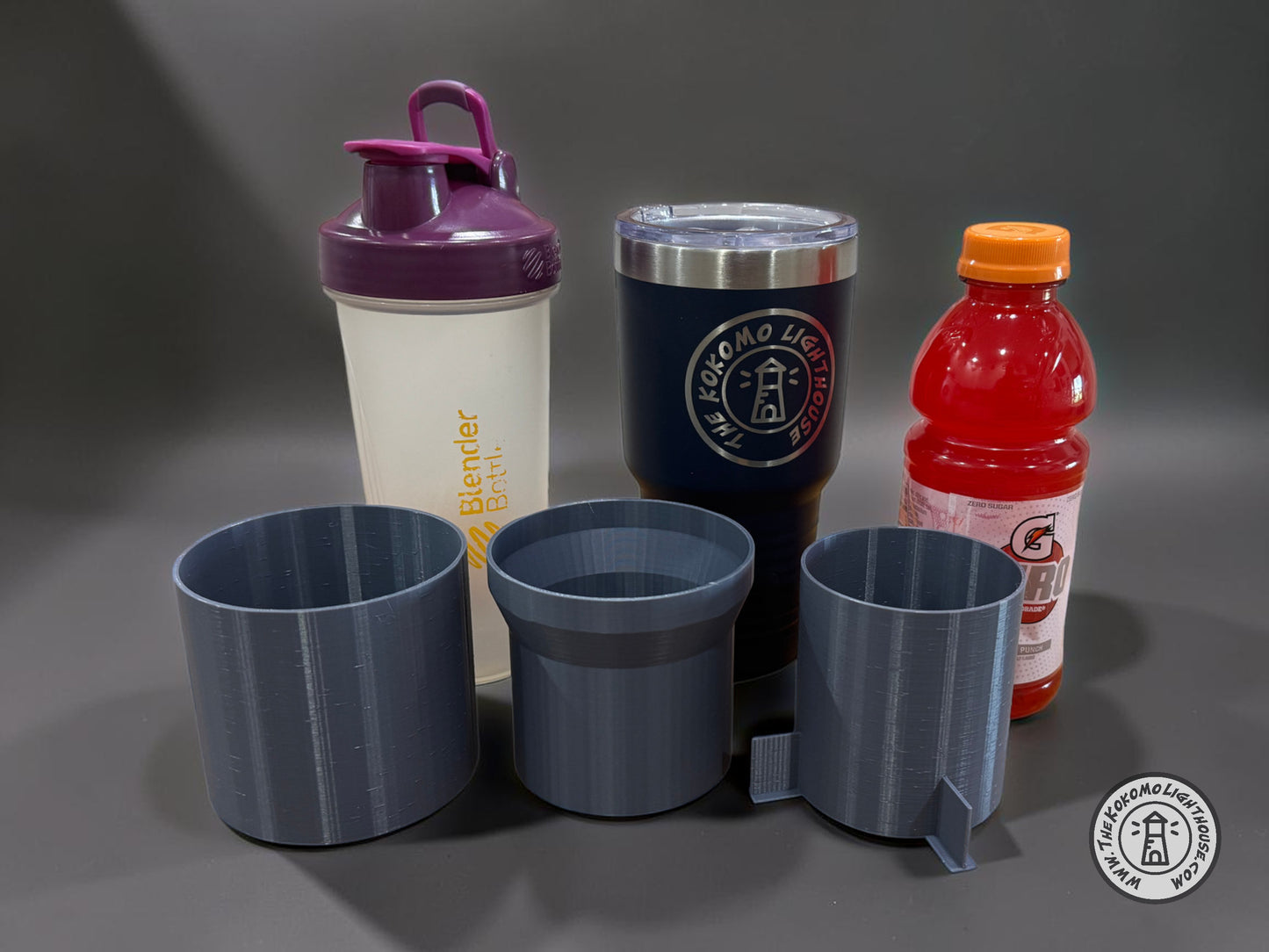 Three cup inserts showing how they fit a shaker bottle, a tumbler, and a bottled drink.