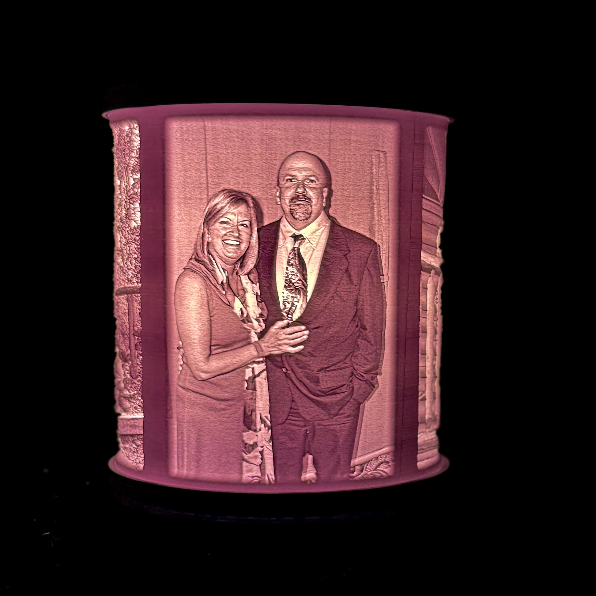 Lit remembrance photo lamp showing a couple (the artist and his beautiful wife) posing together, with the portrait displayed on the glowing white lithophane shade.