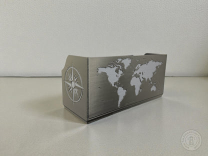 Black Map box with world map design in gray on a light colored surface