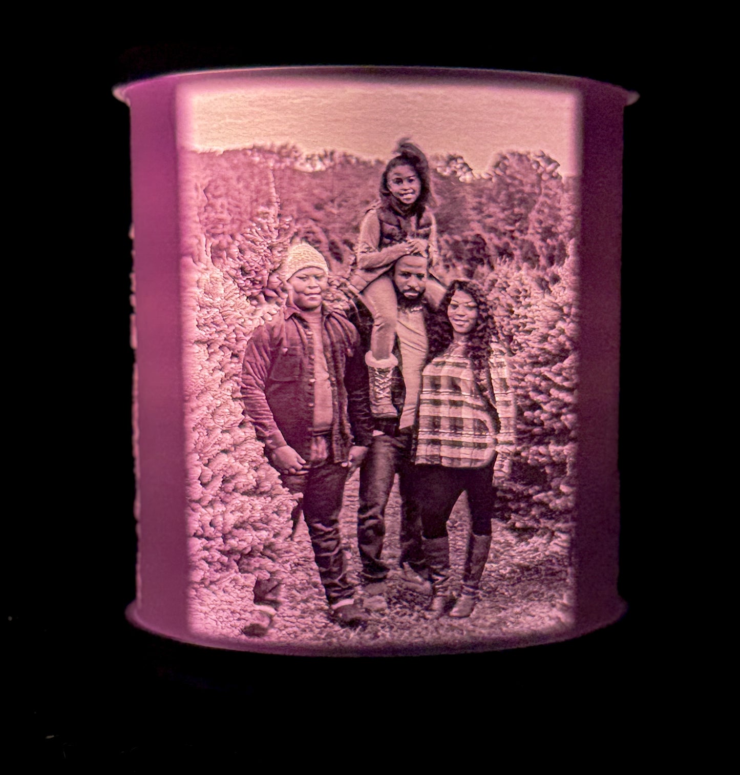 Lit family keepsake lithophane lamp showing a family portrait outdoors, with the photo glowing through the 3D printed shade.