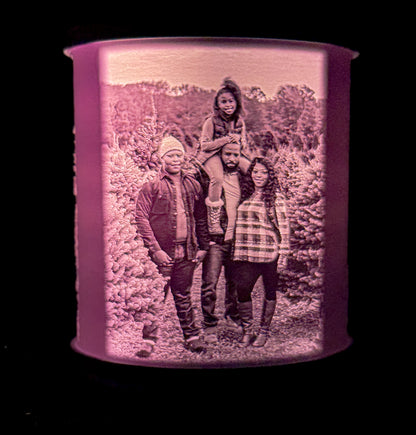 Lit family keepsake lithophane lamp showing a family portrait outdoors, with the photo glowing through the 3D printed shade.