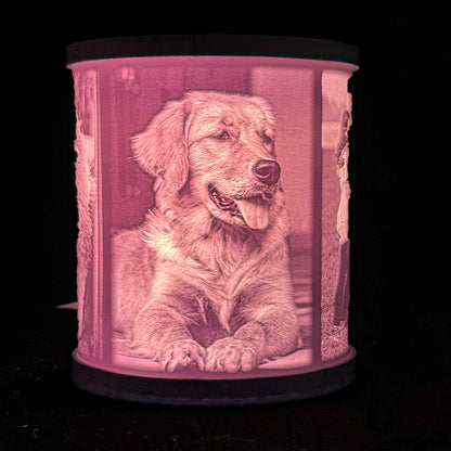 Lit pet memorial lithophane lamp showing a golden retriever portrait glowing through the white cylindrical photo shade.