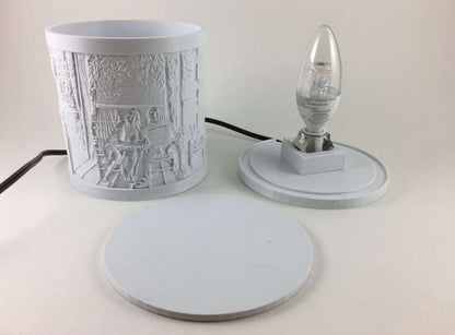 Unlit custom lithophane lamp shown in separate parts, including the white photo shade, lamp base with bulb, and removable top lid.