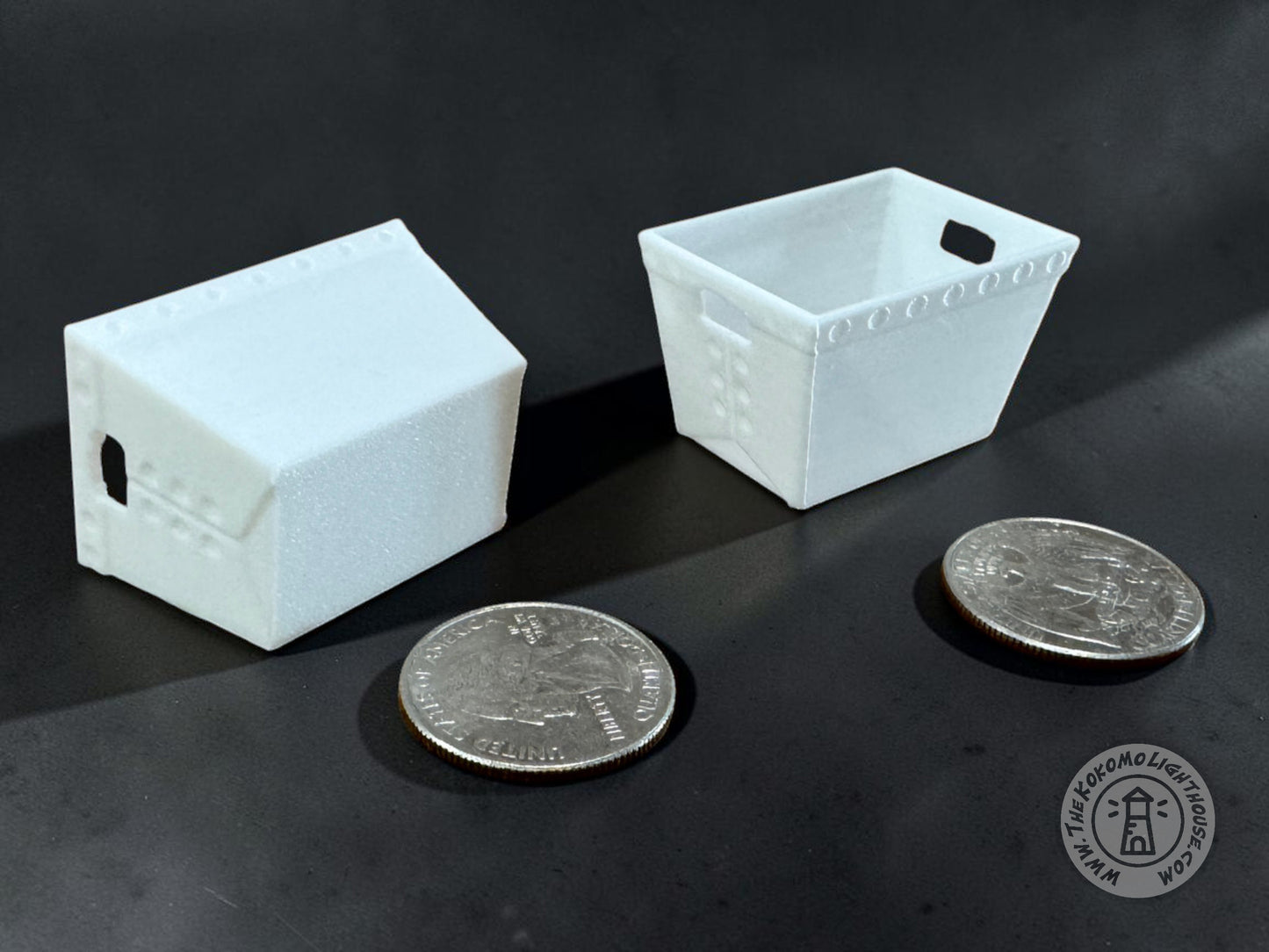 2 dollhouse scale dps trays on a gray background with two quarters for size comparison