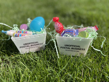 Two miniature postal trays filled with easter candy sitting on grass